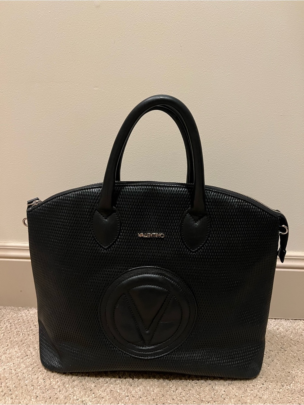 Valentino Black Textured Logo Tote satchel Bag - Picture 9 of 10